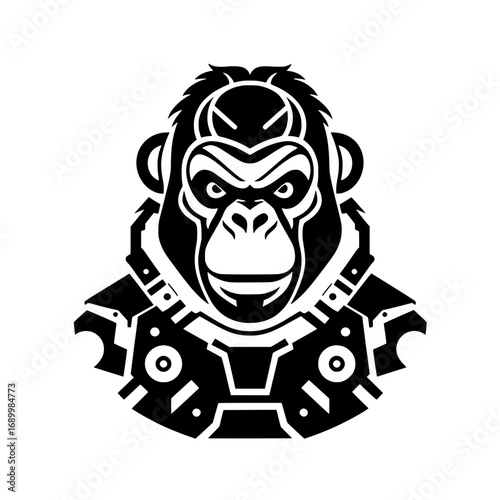 Vector illustration of a gorilla head with a futuristic design, wearing advanced armor with mechanical elements. 