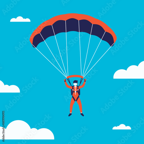 A graphic illustration of a parachutist descending with a parachute against a blue sky.