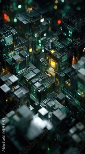 Abstract overhead view of a futuristic city composed of geometric shapes with glowing accents, creating a moody and technological aesthetic