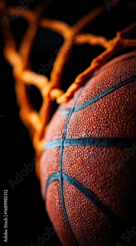 A textured orange basketball is captured as it falls through an orange net, set against a dark background, showcasing motion and texture