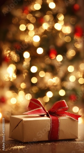 Warm, festive scene A wrapped gift with a red ribbon sits before a blurred Christmas tree, illuminated with bokeh lights