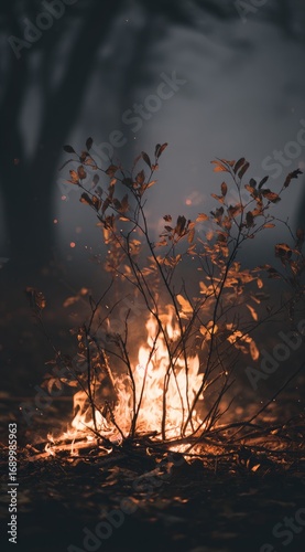 A vibrant orange flame engulfs a small shrub against a blurred, dark forest backdrop, creating a contrasting mood of warmth and mystery