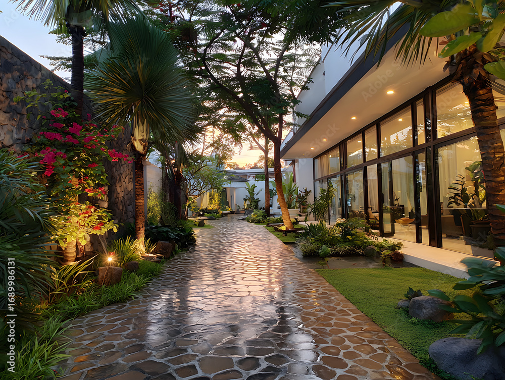 Obraz premium Garden Pathway with Modern Home and Lush Greenery
