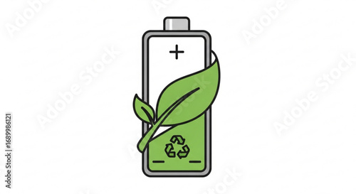 Battery icon with leaf and recycle symbol concept of green energy, eco friendly, renewable and sustainable resources