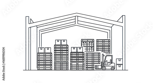 Line art warehouse interior with stacked boxes, pallets, and forklift.
