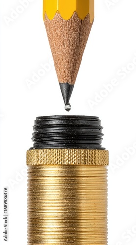 Close-up shot of a sharpened yellow pencil tip poised above a gold-colored, textured container, with a single water droplet hanging from the pencil lead