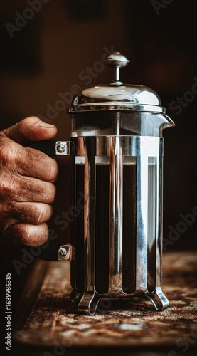Silver French press filled with dark liquid, held by a weathered hand on a textured wooden surface. Soft, warm lighting