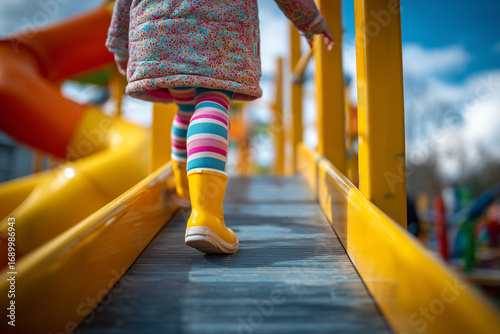 closeup of child's legs playing on playground equipment in winter