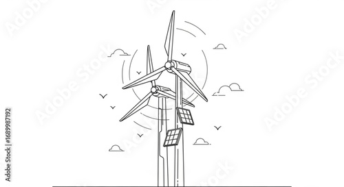 Wind turbine and solar panel, renewable energy source, , vector illustration, simple design, outline style