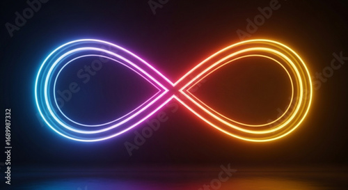 A glowing neon infinity symbol stands out against a dark background, its vibrant colors creating a mesmerizing and modern visual effect