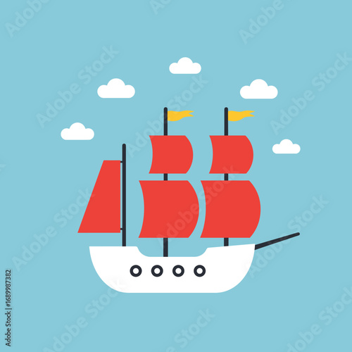 A colorful ship illustration with red sails and clouds against a blue background.