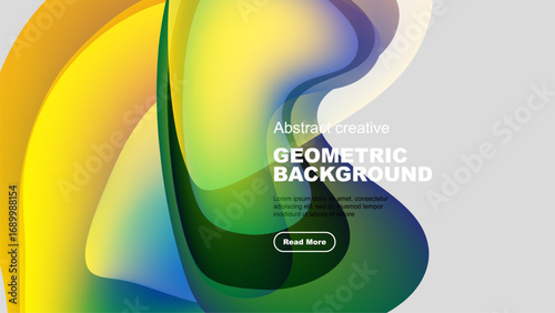 Abstract colorful shapes overlap black background. Modern design features gradients, text, button. Vibrant visuals create dynamic composition.