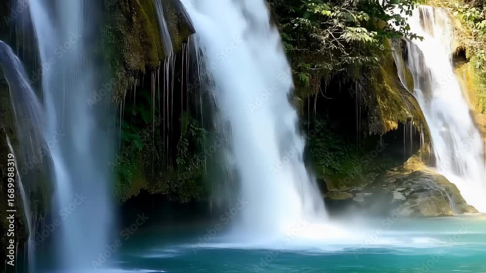 Serene Waterfall: Cascading Water, Lush Greenery, Tranquil Pool. Seamless looping 4k video background Serene Waterfall: Cascading Water, Lush Greenery, Tranquil Pool. Seamless looping 4k video background