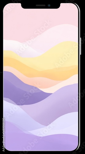 Smartphone displaying pastel wavy layers, reminiscent of sand dunes or mountains, blending light purple, peach, yellow. Modern design