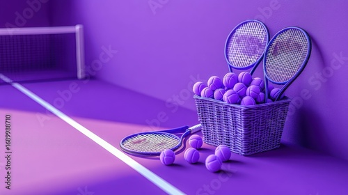 Purple tennis court corner with a basket filled with tennis balls and rackets leaning on the wall, evoking a calm and focused sports atmosphere