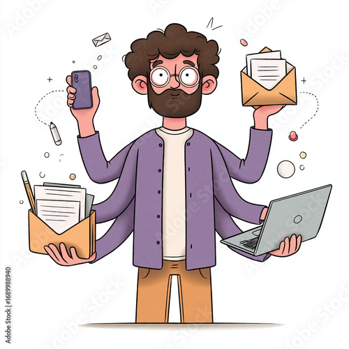 Multitasking man with six arms juggling phone, laptop and envelopes while organizing documents and stationery, busy and focused in creative office scene