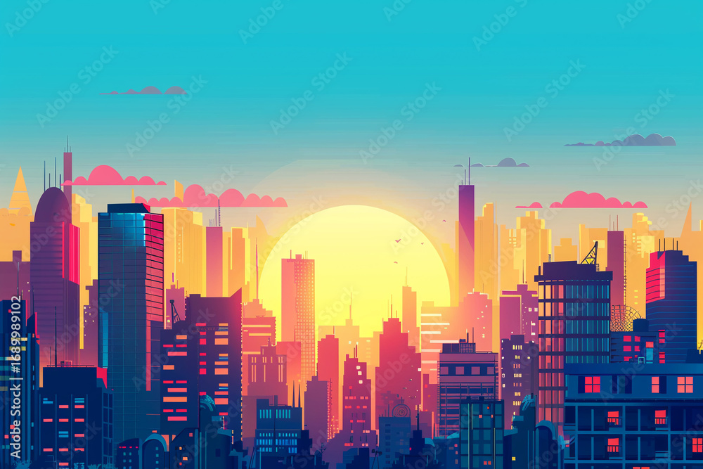 Fototapeta premium フラットデザインの街並みと夕日