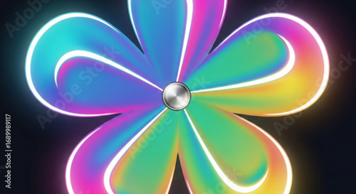 A mesmerizing neon flower illustration with vibrant colors and a central metallic button, creating a futuristic and artistic design on a dark background