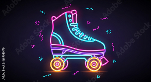 A retro neon roller skate illustration with vibrant pink and blue lines, evoking a sense of fun and nostalgia on a dark background with confetti