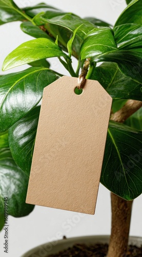 A potted plant with lush green leaves has a blank, light brown tag hanging from one of its branches against a bright, neutral backdrop