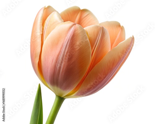Beautiful soft peach tulip bloom delicate petals isolated on white studio shot