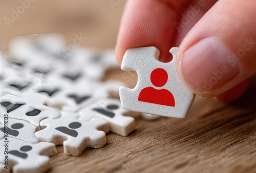Hand places person-icon puzzle piece into similar set