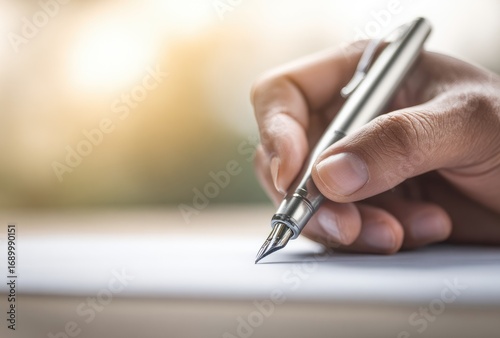 Writing hand with fountain pen, focused on the nib