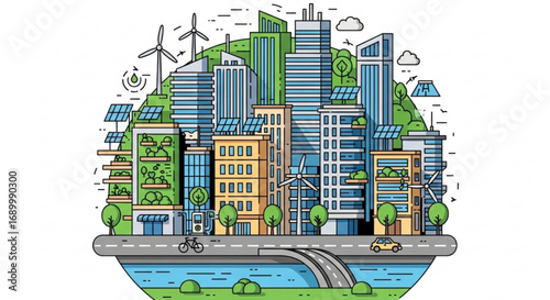 Sustainable city illustration, showcasing ecofriendly urban planning, renewable energy, and green infrastructure for a better future