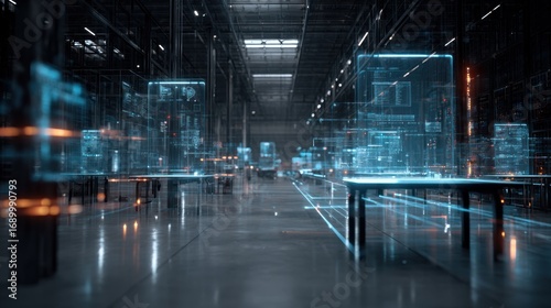 Futuristic, blurred view of a large, industrial warehouse with transparent blue digital displays on tables, suggesting advanced technology