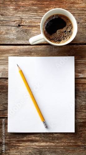 Rustic wooden desk top with white paper, pencil, and a mug of dark coffee. The view is from directly overhead in natural light