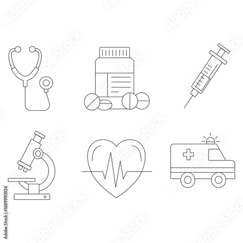 Medical Icon Set Stethoscope, Pills, Syringe, Microscope, Heartbeat and Ambulance for Healthcare Concepts