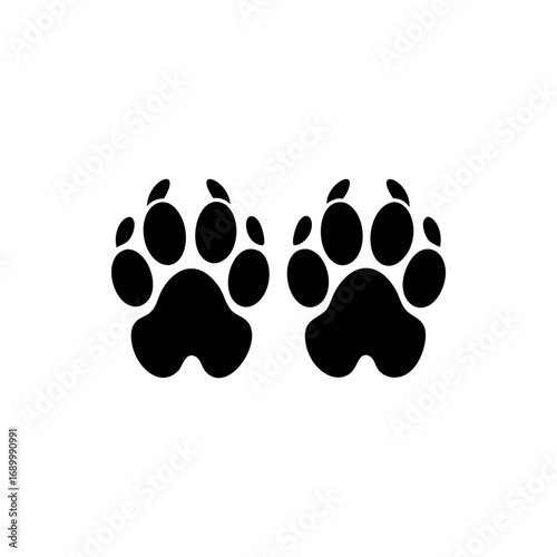 Two black paw prints on a white background indicating animal tracks silhouette vector