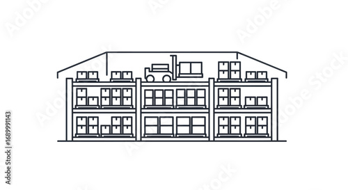 Line Art Warehouse with Forklift and Stacked Boxes.