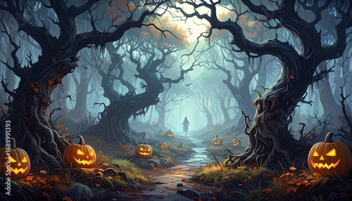 A vintage horror style illustration of a spooky forest path on Halloween, lined with glowing jack-o'-lanterns and a shadowy figure in the mist