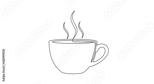 Continuous line drawing of a cup of coffee with steam, representing simplicity and minimalism in design
