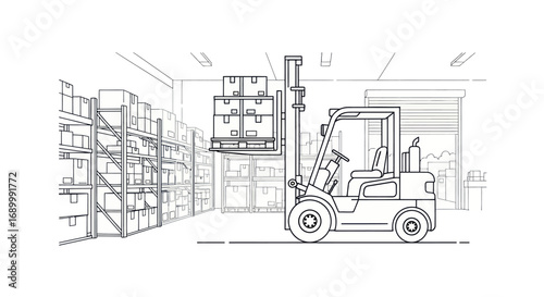 Forklift Truck Lifting Boxes in Warehouse, Line Art Illustration.
