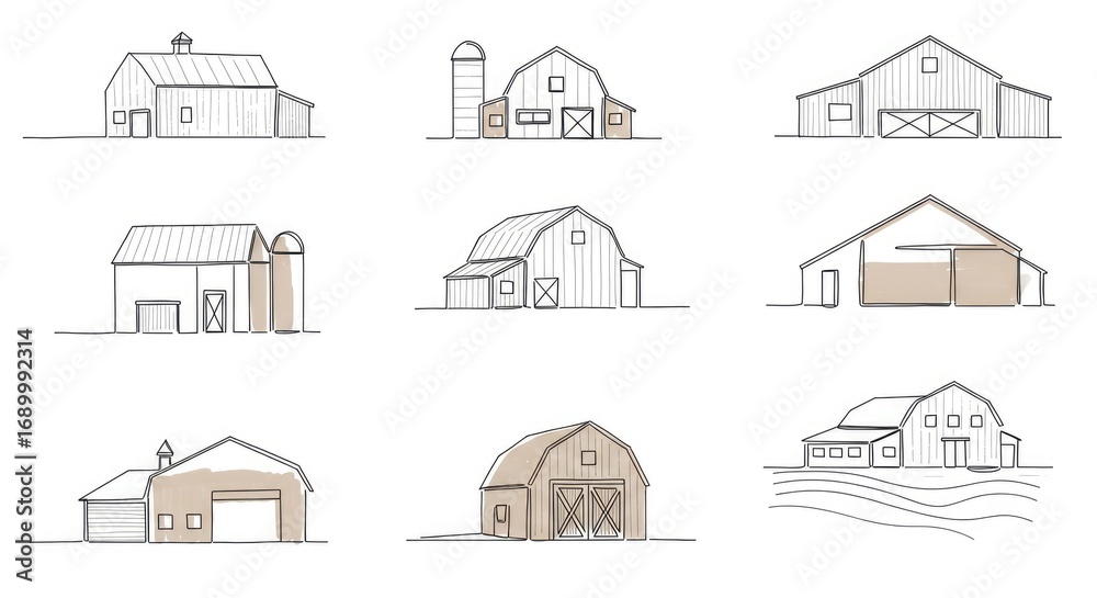 Fototapeta premium Collection of Hand-Drawn Barn Illustrations with Subtle Color Accents