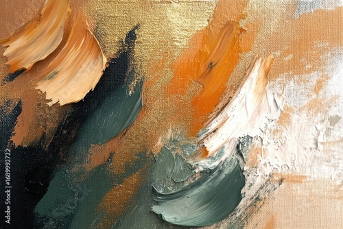 Close-up of a textured abstract painting with thick brushstrokes in orange, green, white, black, and gold colors conveying a dynamic and expressive feel