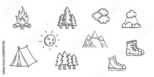 Nature adventure hand drawn doodle mountain icons set illustration vector