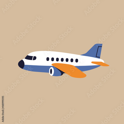 A stylized illustration of a small airplane with a blue and orange color scheme.
