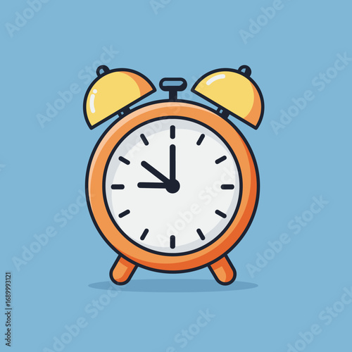 A colorful alarm clock with two bells on top, set against a blue background.