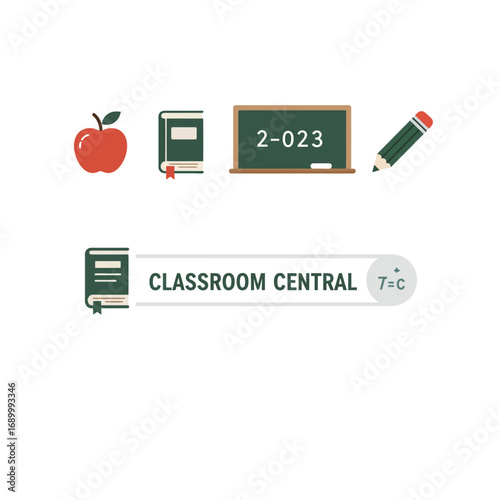 Educational icons including an apple, book, chalkboard, and pencil.