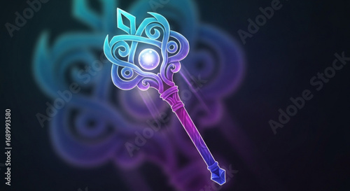 A magical staff with glowing orb and intricate design, perfect for fantasy art, game assets, or mystical illustrations isolated on a dark background