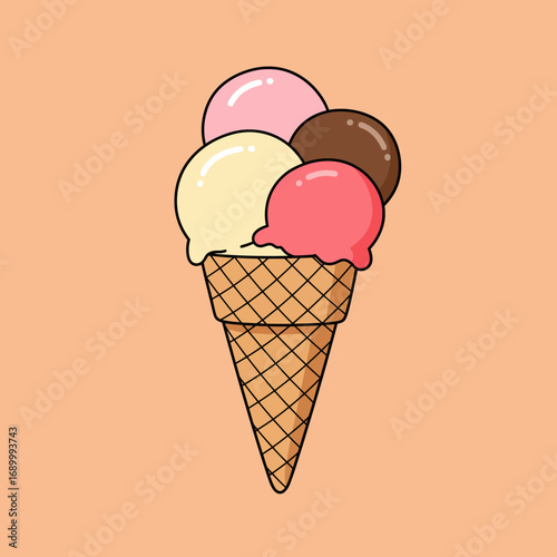 A colorful ice cream cone with three scoops in a waffle cone.