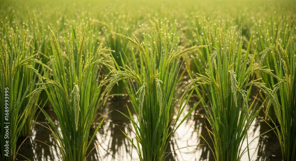 Fototapeta premium Close up on lush, green rice paddy field at early stages, cultivated for sustainable farming, showcasing textures.