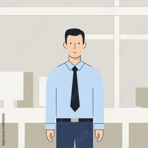A digital illustration of a man in a business attire standing indoors.