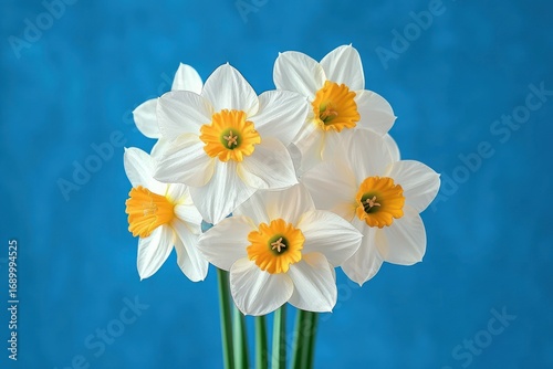 Cluster of white daffodil flowers with vibrant yellow trumpet-shaped centers against a smooth blue background