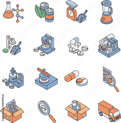 Isometric Pharmaceutical Production and Distribution Icons Set.