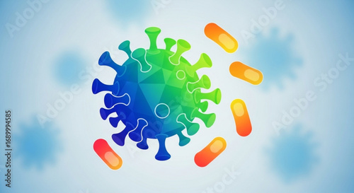 Illustration of a coronavirus cell with capsules on a light blue background, representing the spread of the virus and its impact on global health