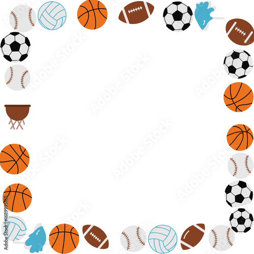 A decorative border featuring various sports balls and equipment.
